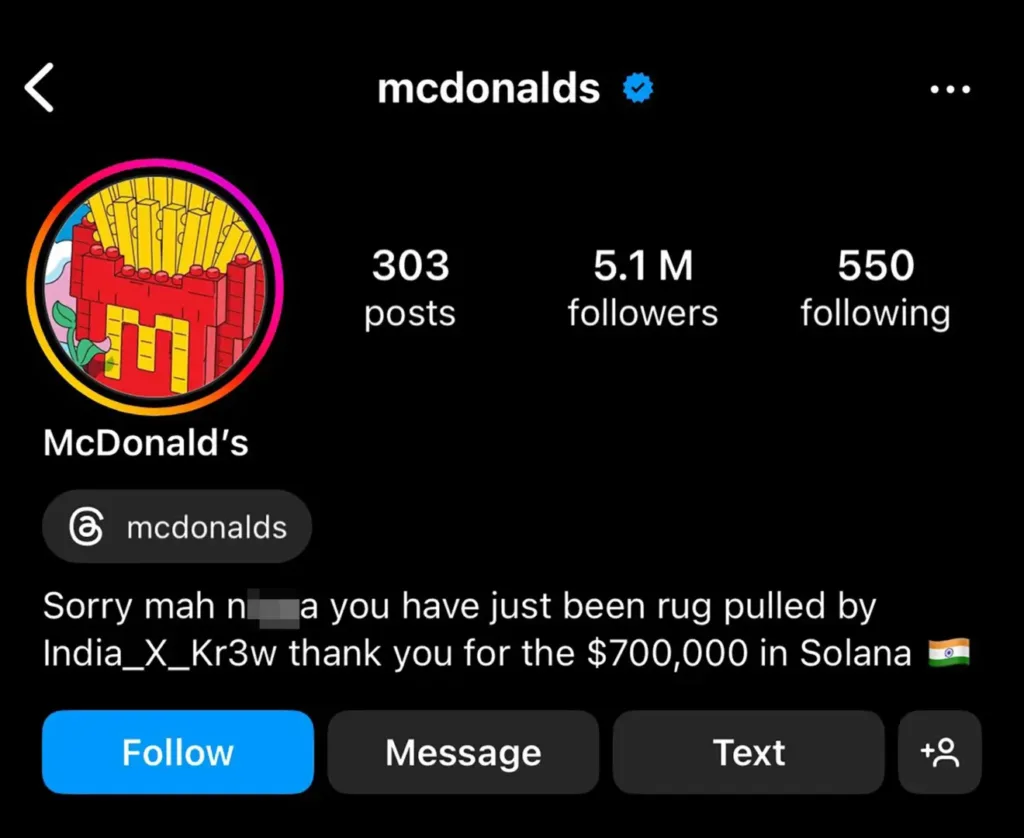 Crypto Scammers Hacks Mcdonald'S Instagram, Steal $700K In Solana - Hash Herald